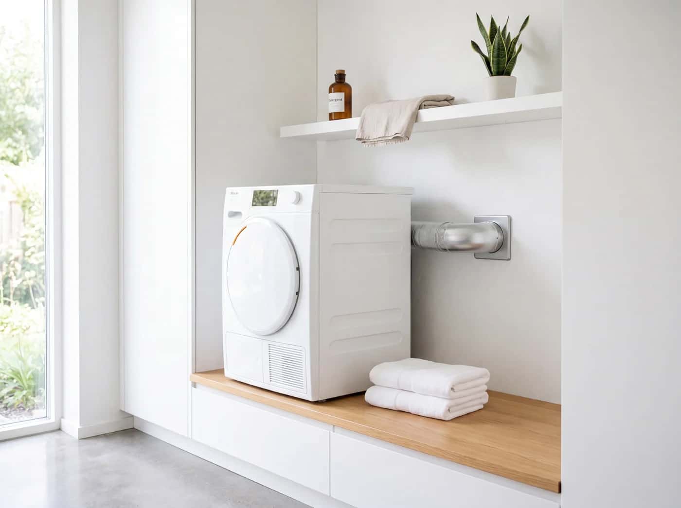 Salle de lavage claire, sécheuse blanche et sortie de conduit au mur